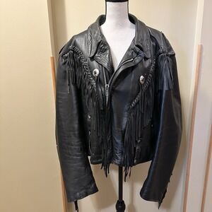 VTG Genuine Cowhide Leather Motorcycle Fringe Jacket Mens Black Western Biker 52